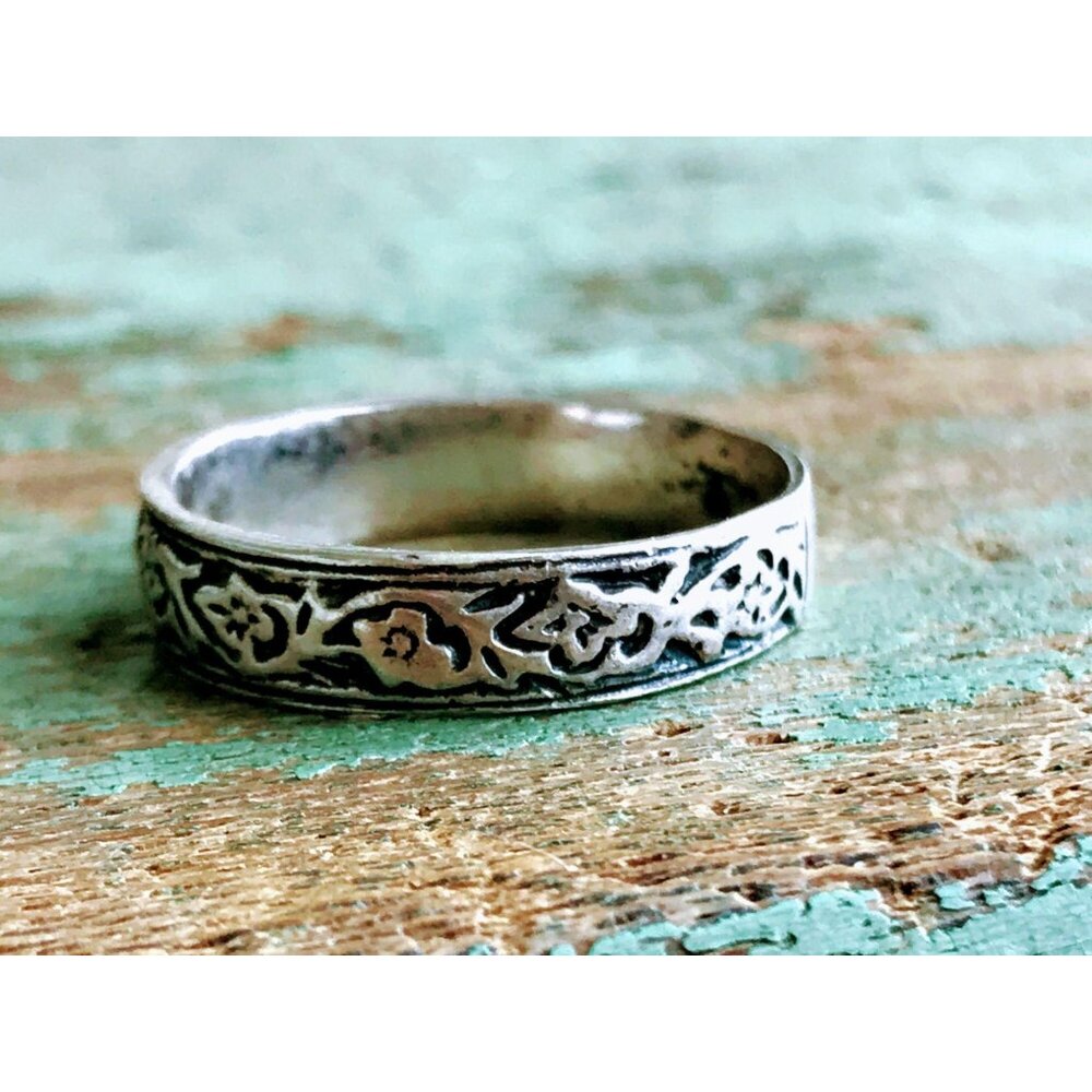 Vintage Sterling Silver Band Ring Floral thistle vines Size 7 - Picture 3 of 8